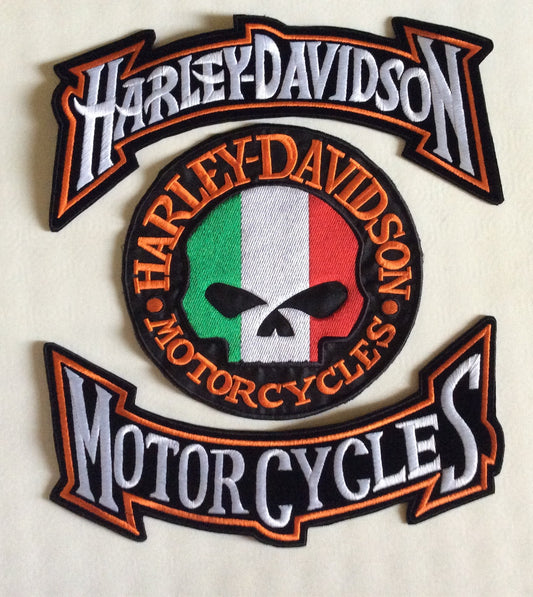 Set mit 3 großen Schleifenaufnähern HARLEY DAVIDSON – STYLIZED MOTORCYCLES + SKULL ITALIA
