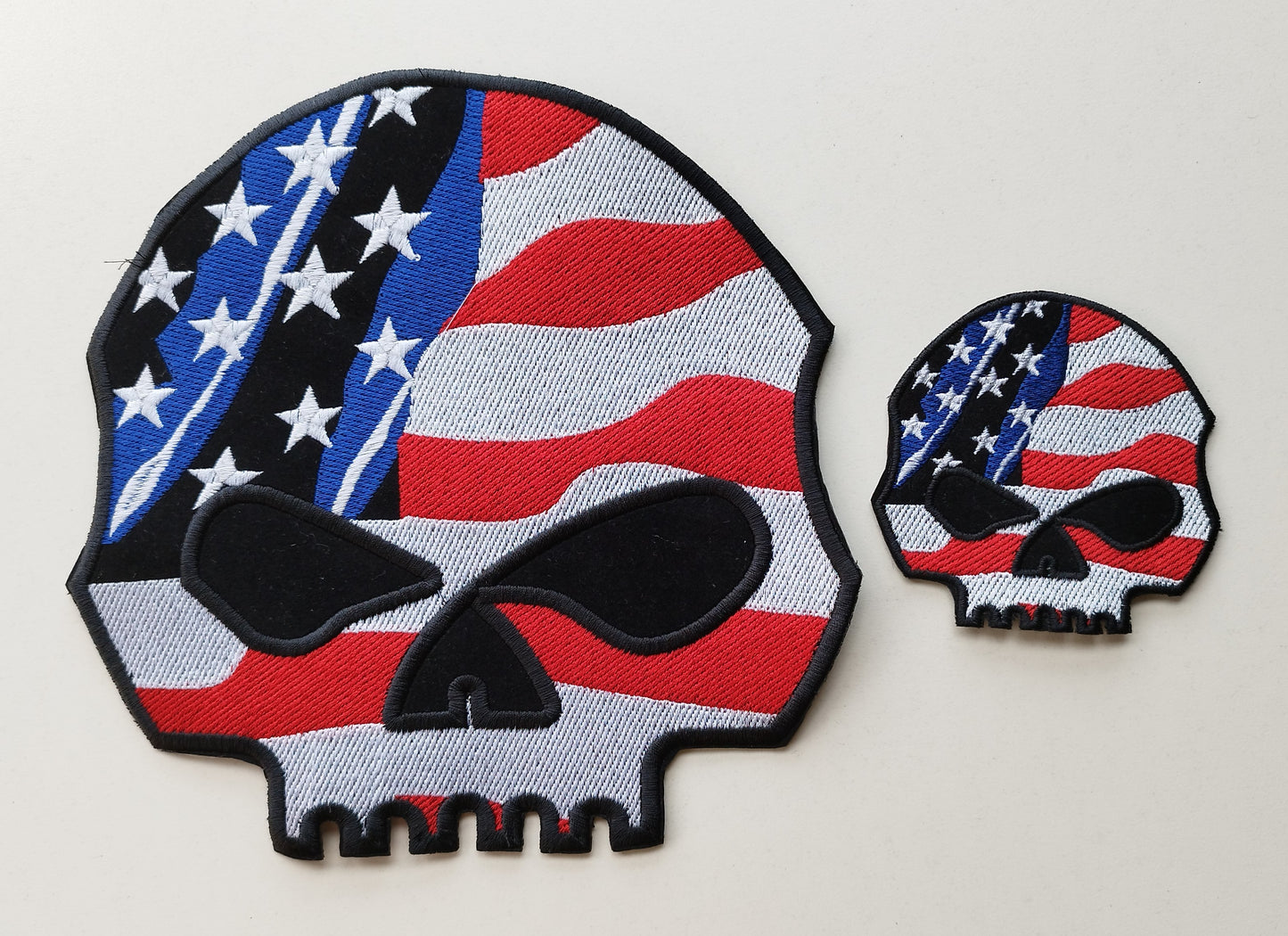 Set 2 patch grande e piccola SKULL HD scritta arancio, bandiera Americana, USA