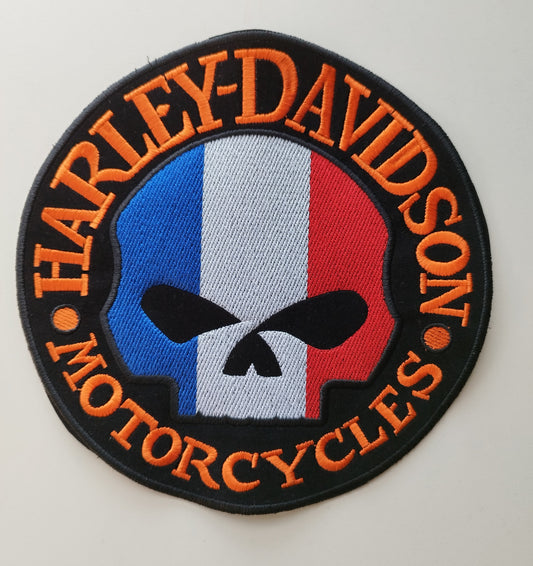 Petit patch ecusson Skull Harley Davidson rond ecriture orange avec skull drapeau francais