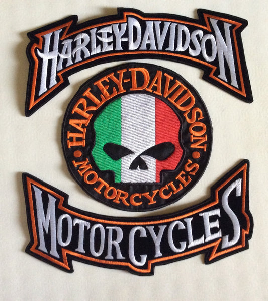 Lote 3 parches patch grande HARLEY DAVIDSON MOTORCYCLES ESTILIZADA + SKULL ITALIANO