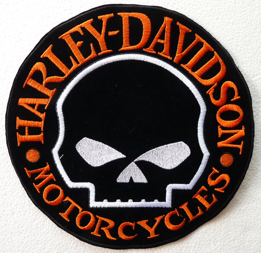 Large SKULL HARLEY DAVIDSON patch, orange letters, white edge